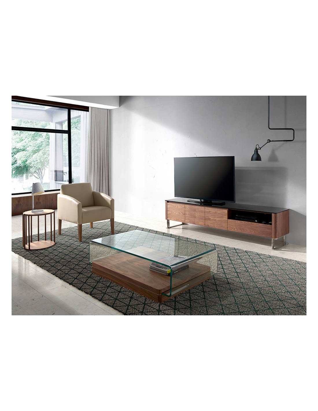 Mesa centro rectangular cristal templado y nogal