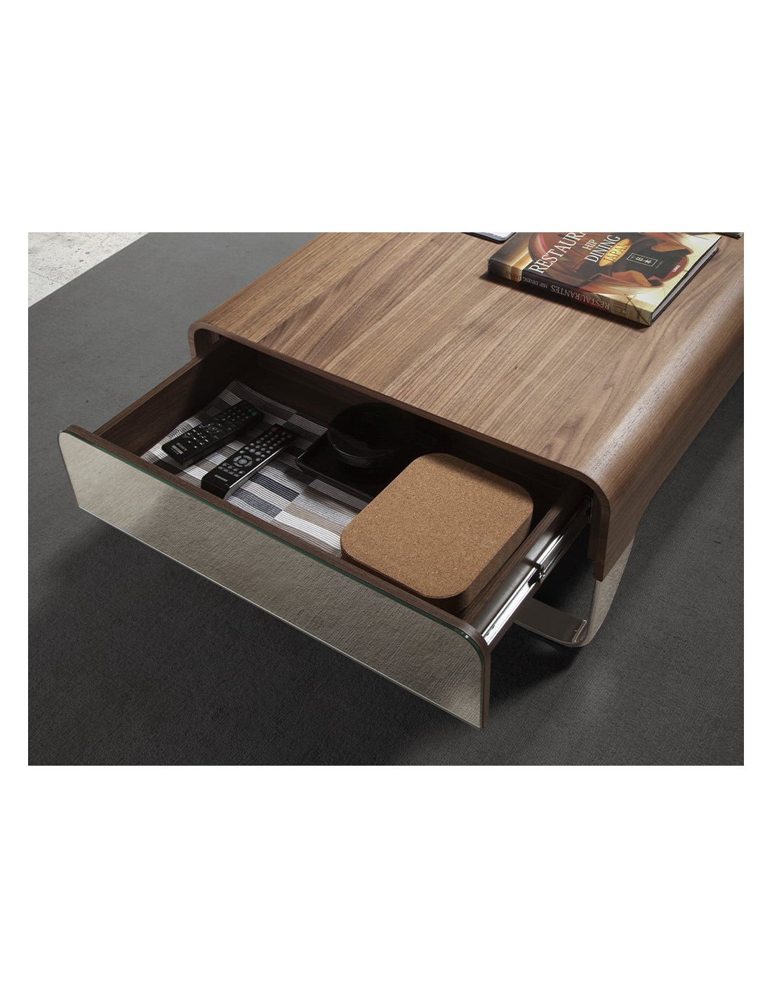 Mesa centro rectangular nogal y acero cromado