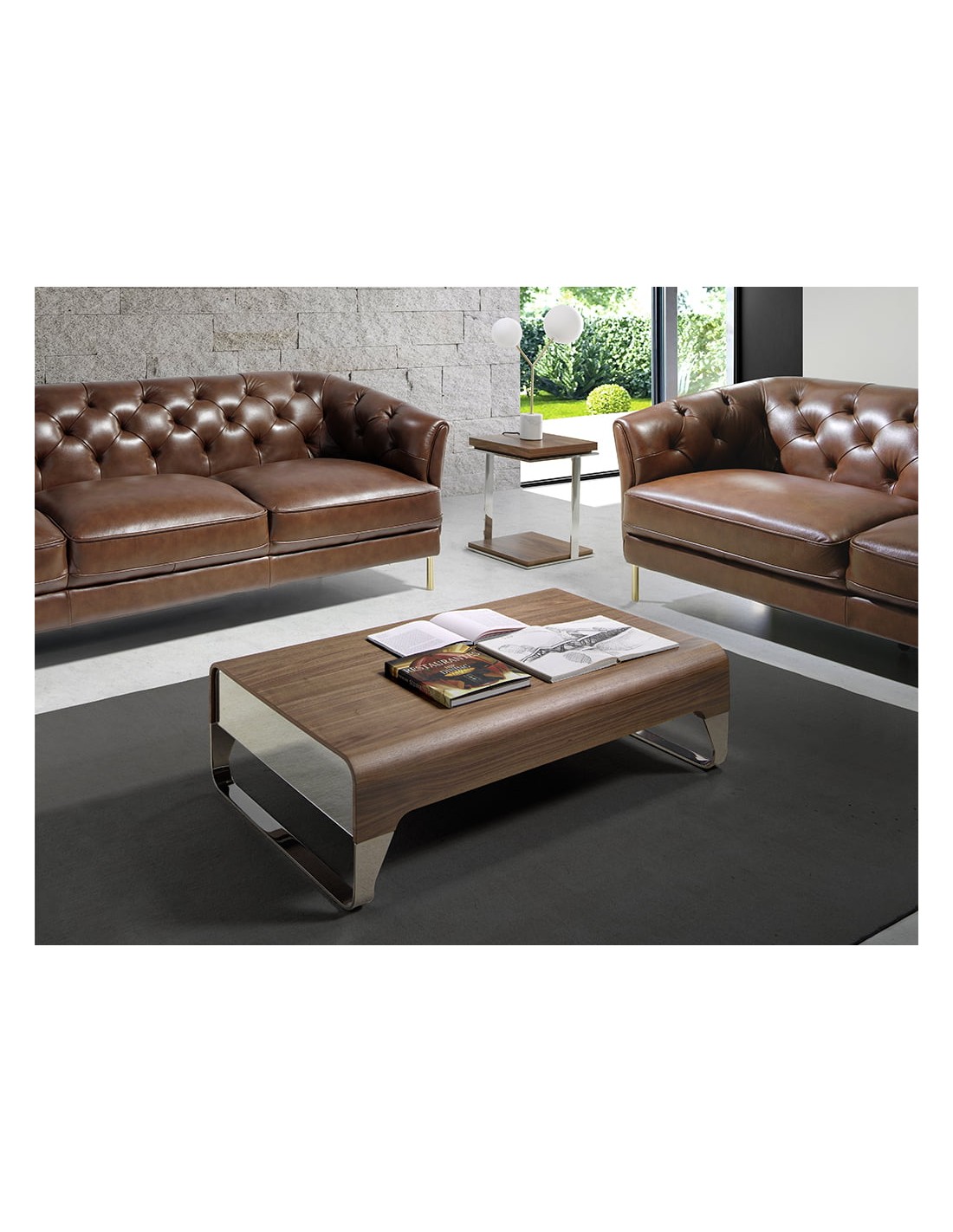 Mesa centro rectangular nogal y acero cromado