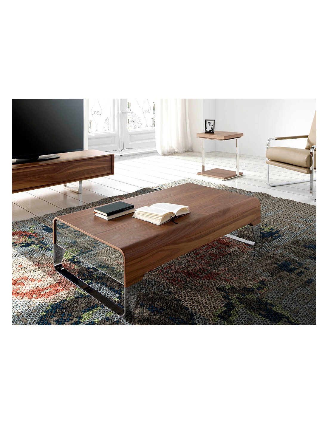 Mesa centro rectangular nogal y acero cromado