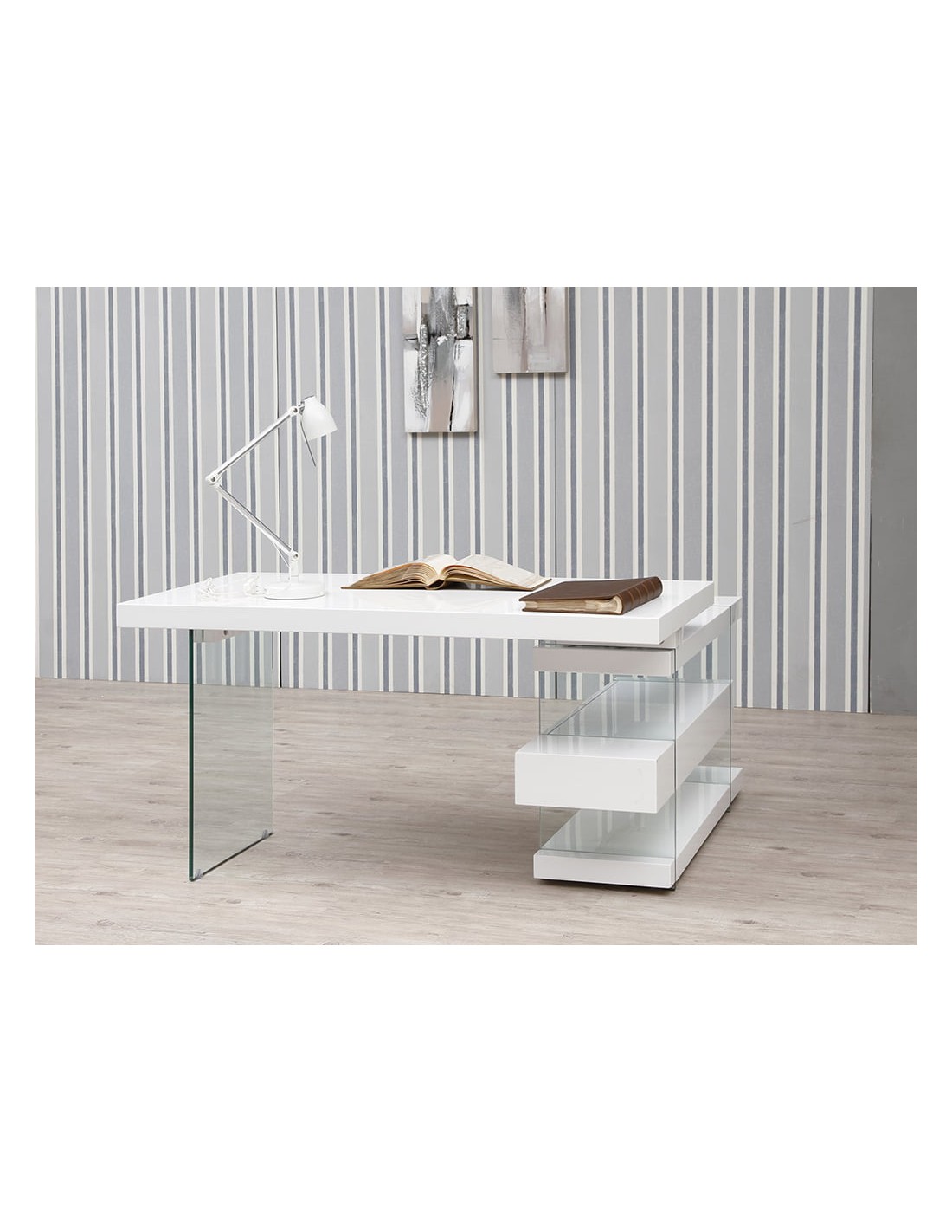 Escritorio madera blanco y cristal templado