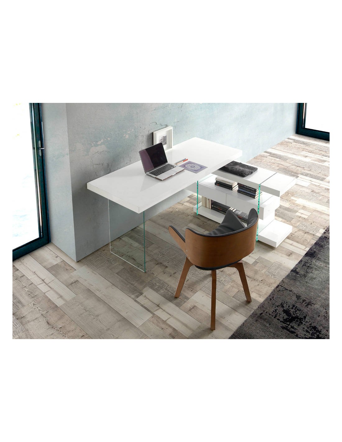 Escritorio madera blanco y cristal templado