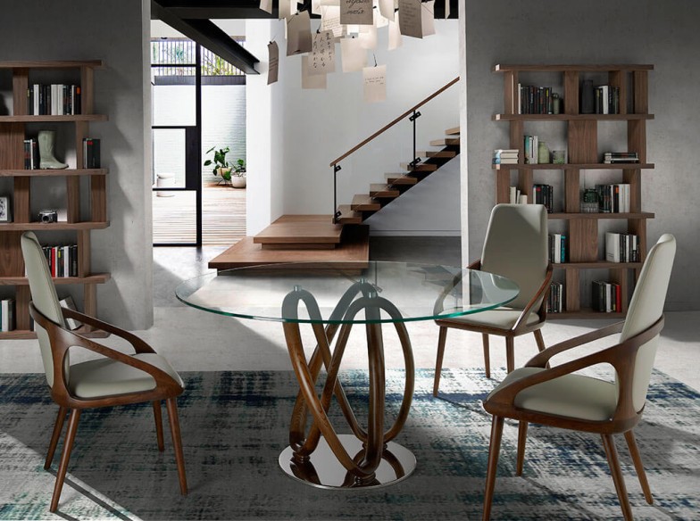 Mesa comedor redonda cristal templado y nogal