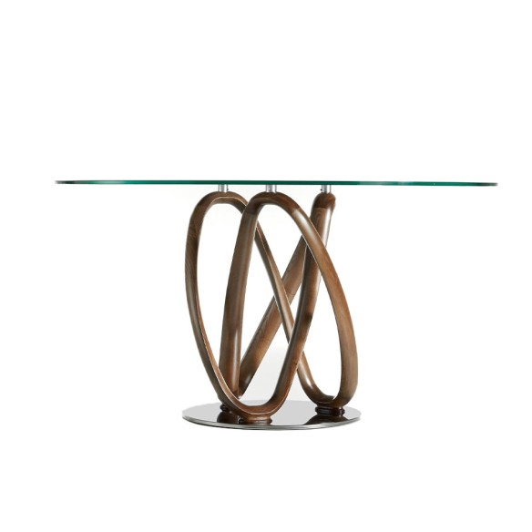 Mesa comedor redonda cristal templado y nogal