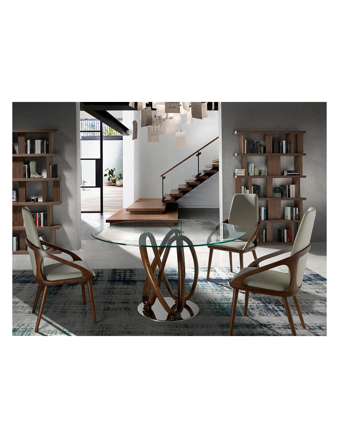 Mesa comedor redonda cristal templado y nogal