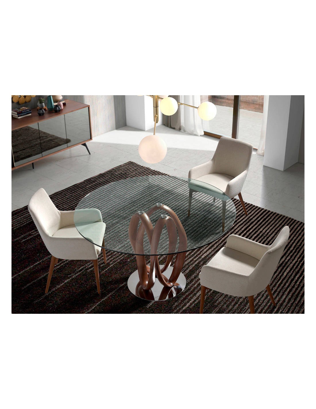 Mesa comedor redonda cristal templado y nogal