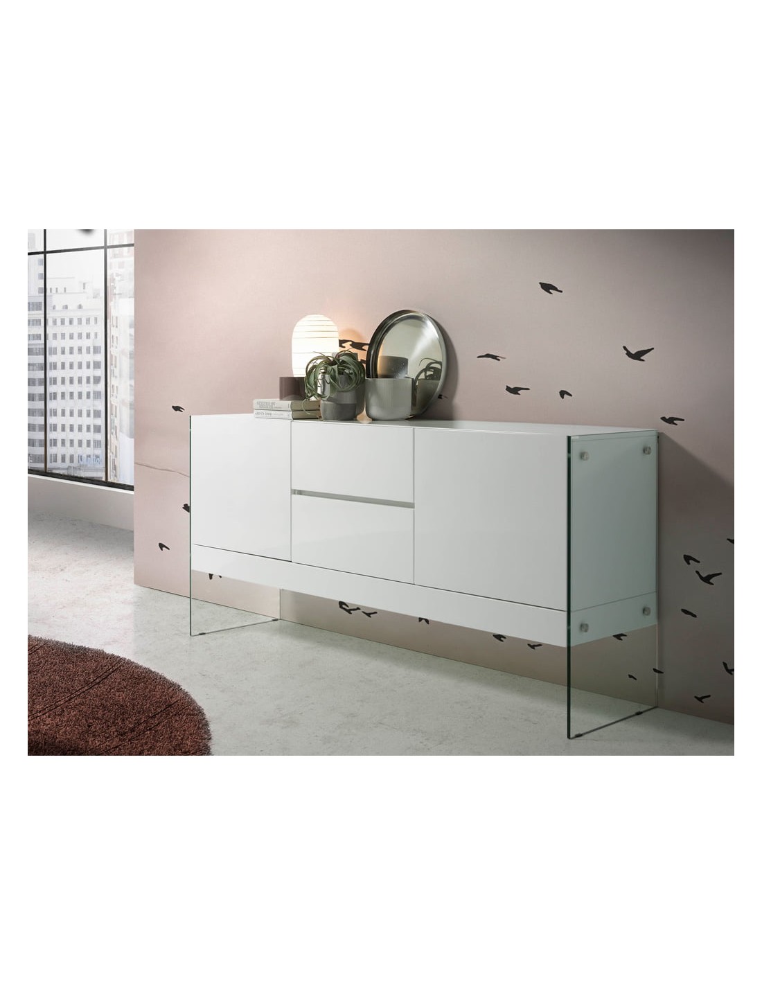 Aparador madera blanco y cristal templado