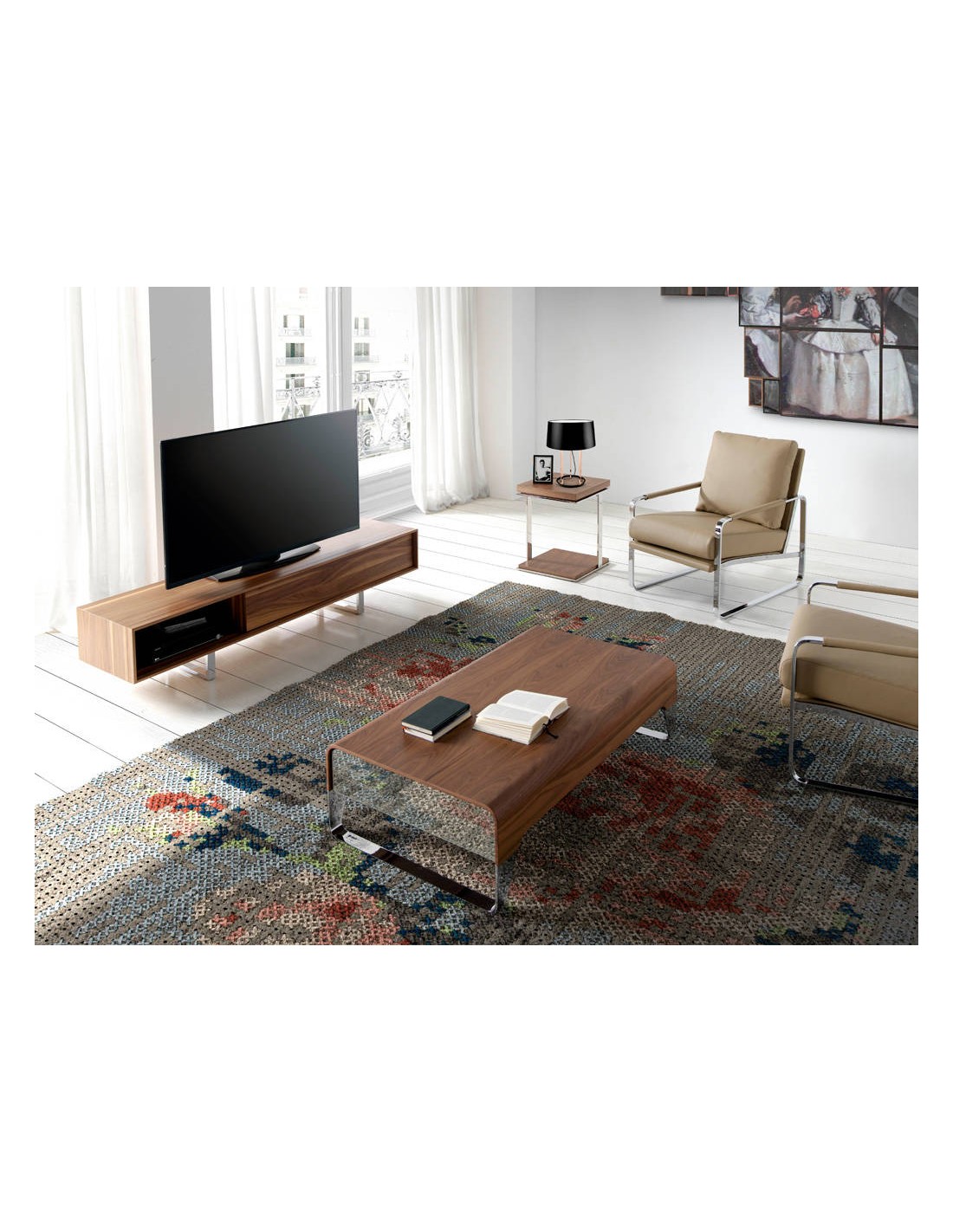 Mueble TV nogal y acero cromado