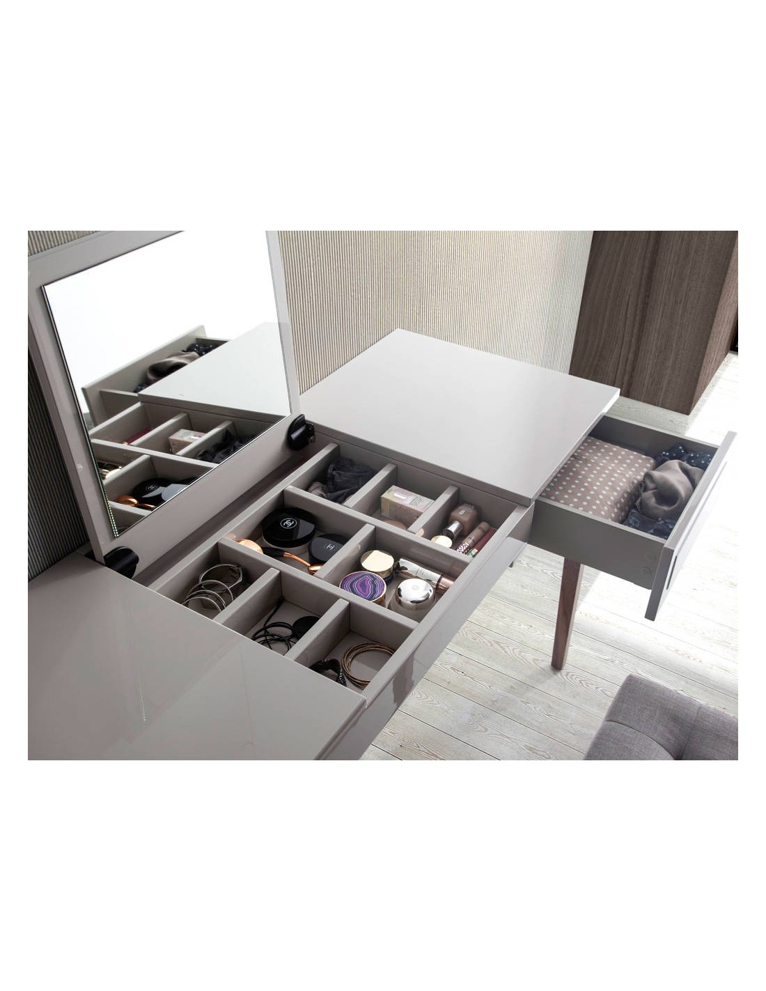 Tocador madera gris y nogal con espejo