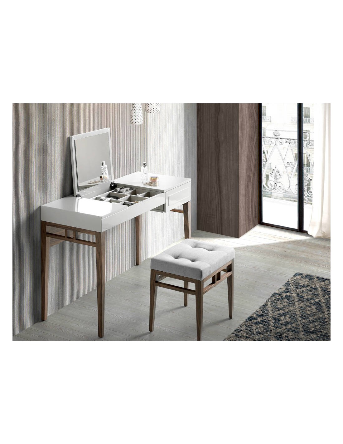 Tocador madera gris y nogal con espejo