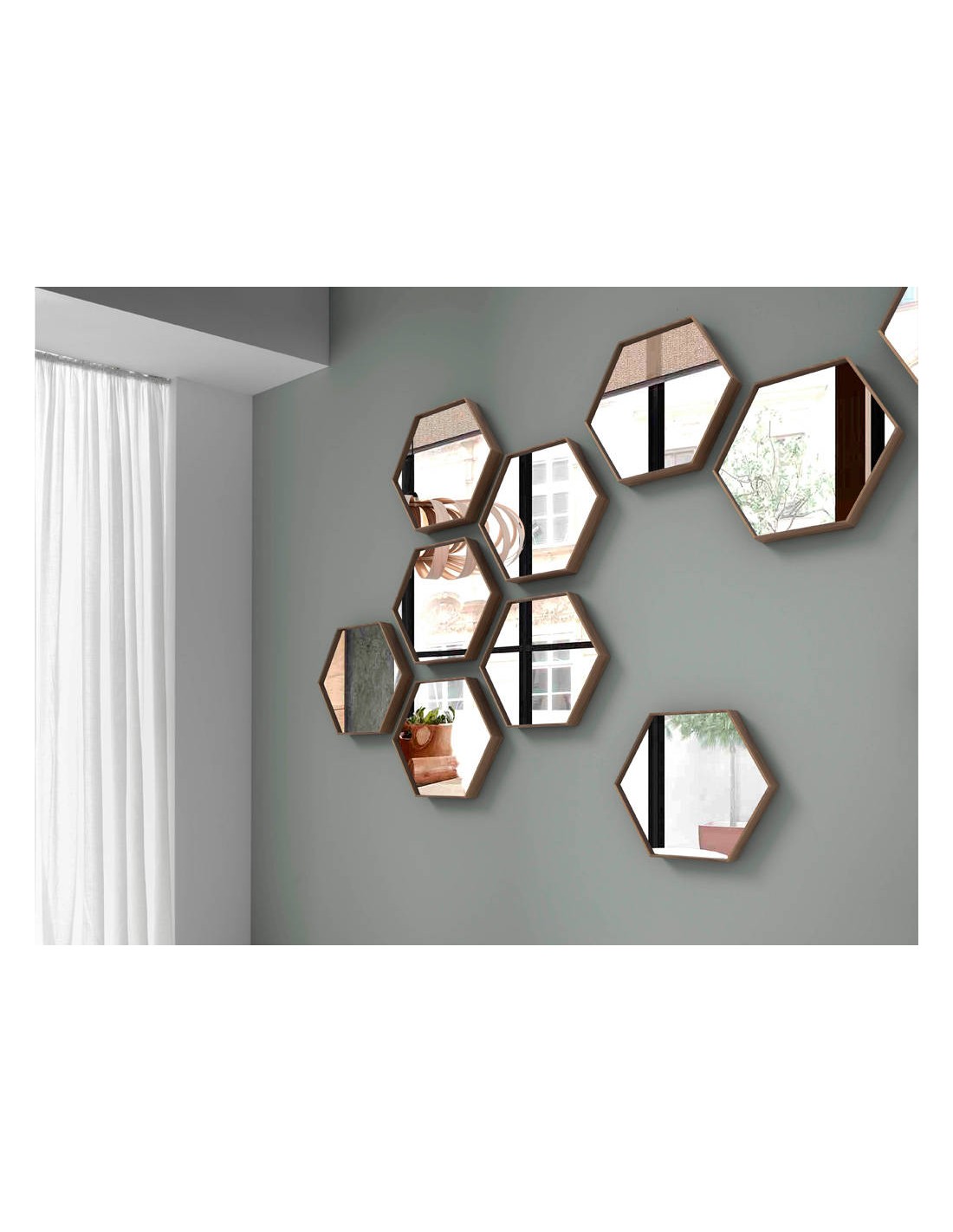Espejo pared hexagonal nogal