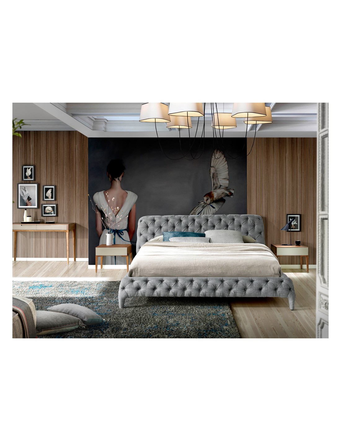 Cama capitoné tela color gris