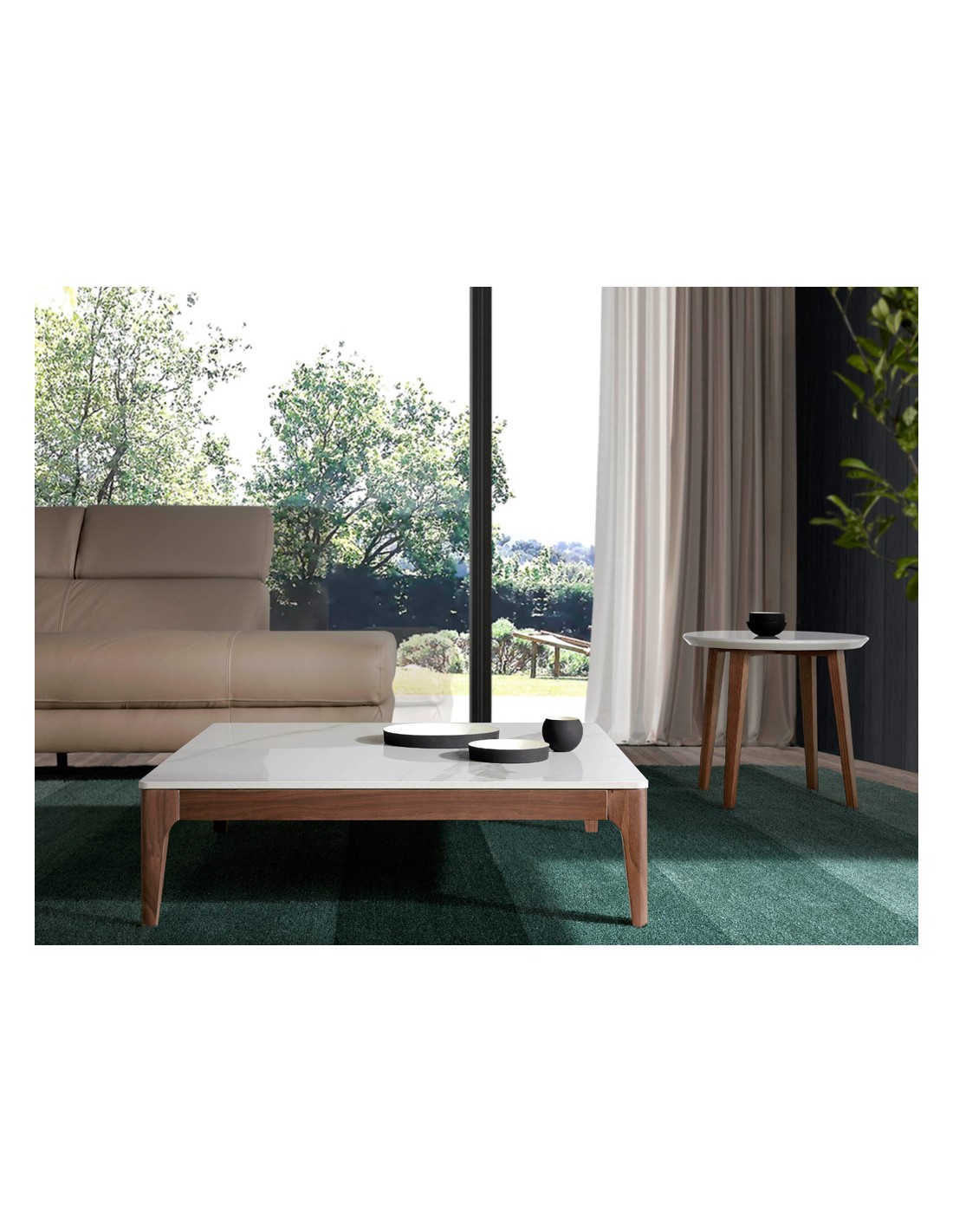 Mesa centro cuadrada mármol porcelánico y nogal