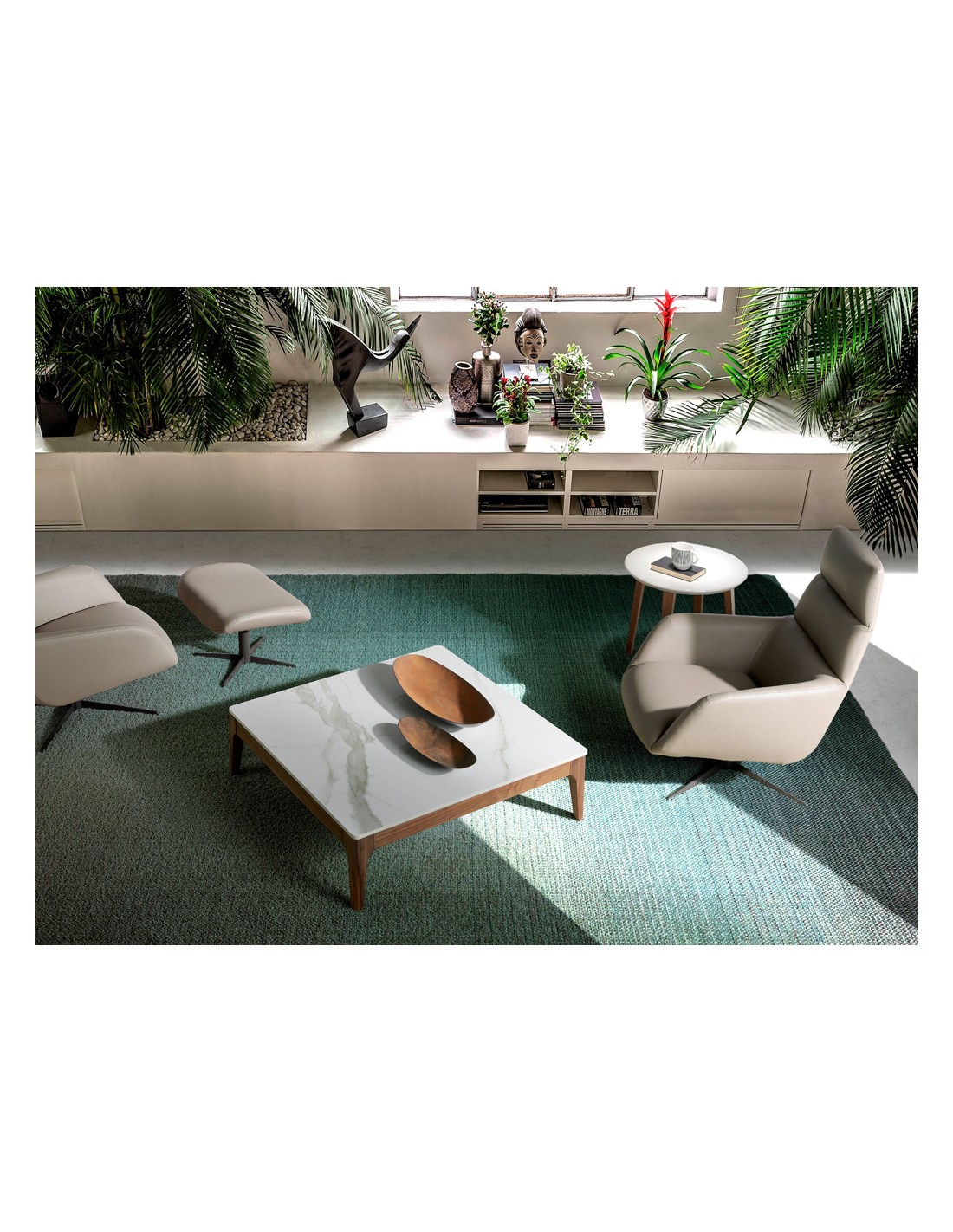 Mesa centro cuadrada mármol porcelánico y nogal