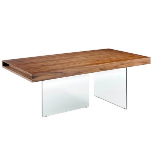 Mesa comedor rectangular nogal y cristal templado