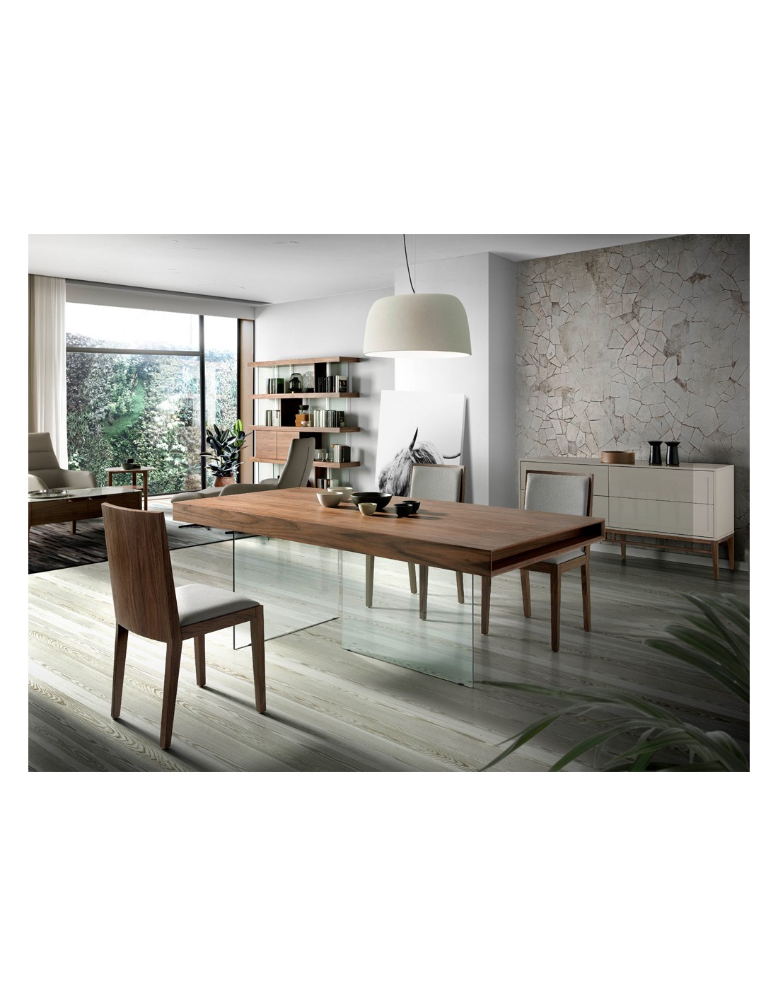 Mesa comedor rectangular nogal y cristal templado