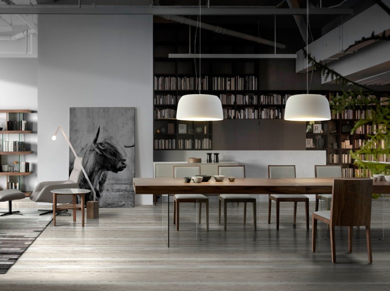 Mesa comedor rectangular nogal y cristal templado