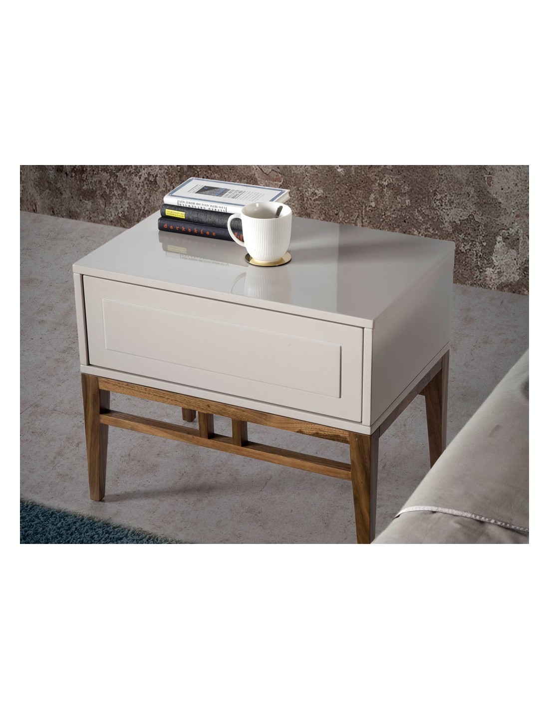 Mesita de noche madera beige y nogal