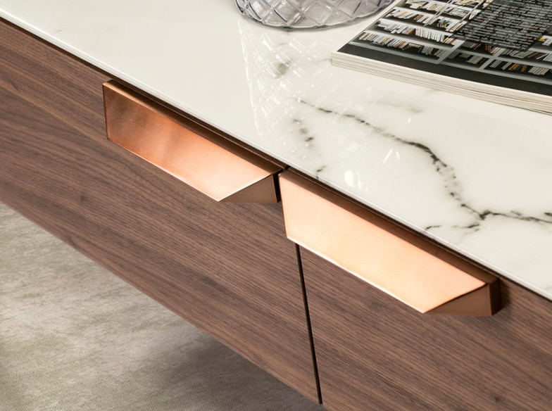 Mesa centro rectangular cristal imitación mármol, cristal imitación mármol y nogal