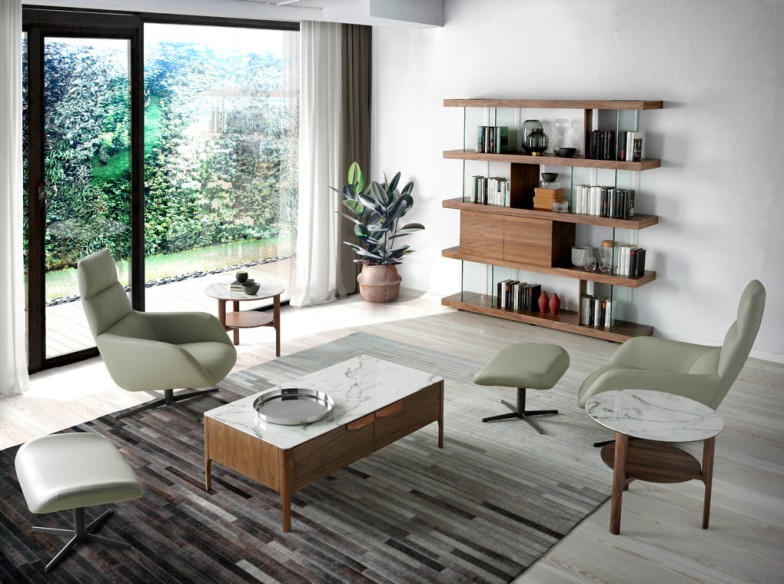 Mesa centro rectangular cristal imitación mármol, cristal imitación mármol y nogal