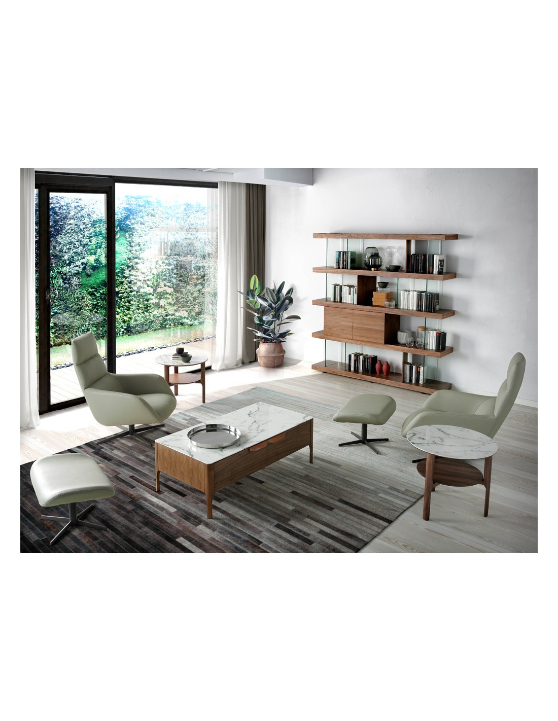 Mesa rincón redonda mármol porcelánico y nogal