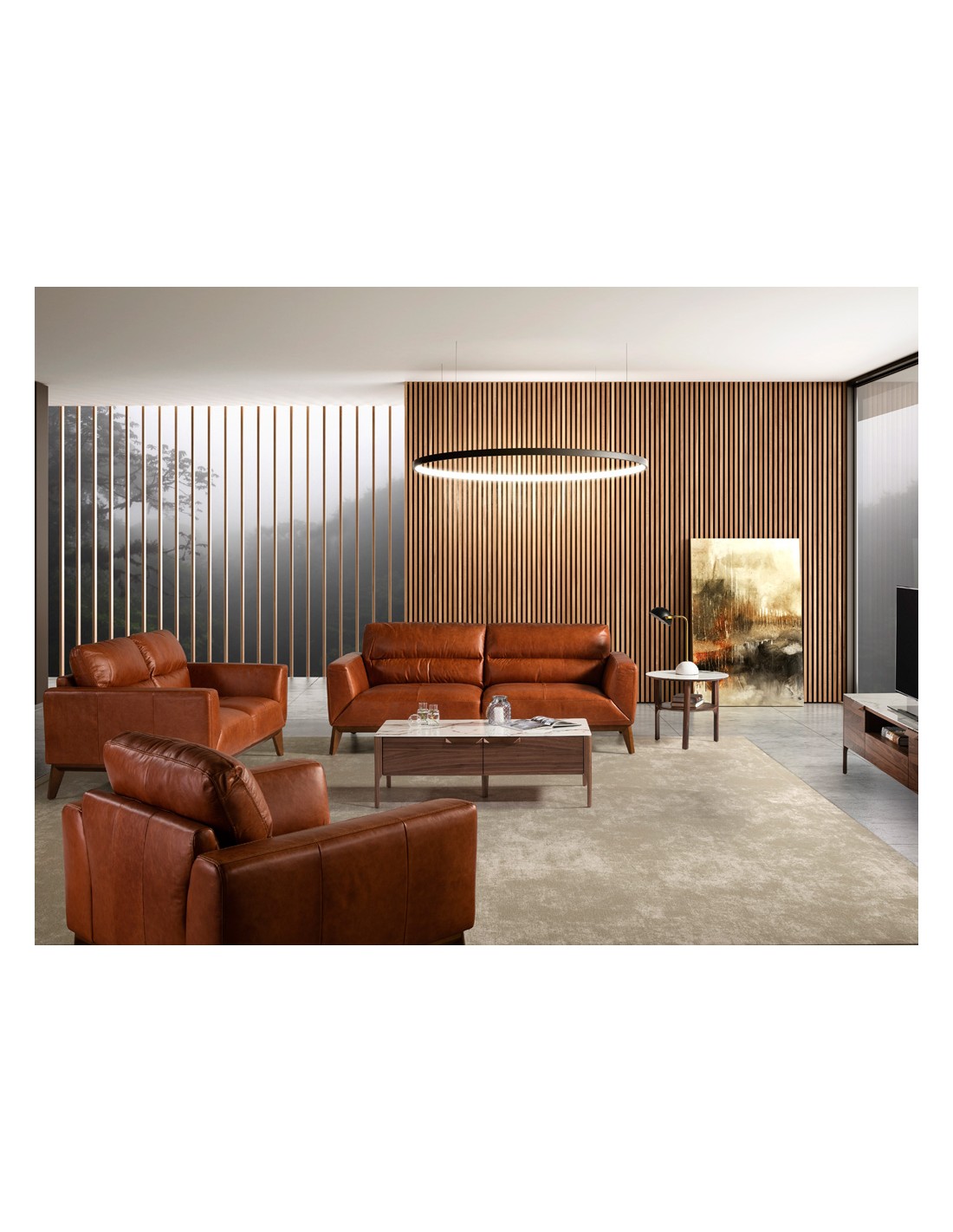 Mesa rincón redonda mármol porcelánico y nogal