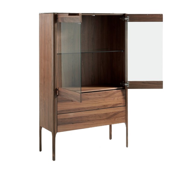 Aparador alto nogal con tapa de cristal imitación mármol e iluminación interior