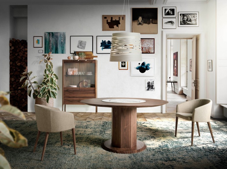 Aparador alto nogal con tapa de cristal imitación mármol e iluminación interior