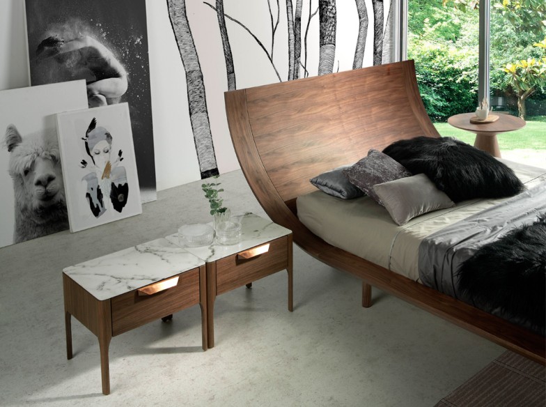 Mesita de noche nogal con tapa de cristal imitación mármol