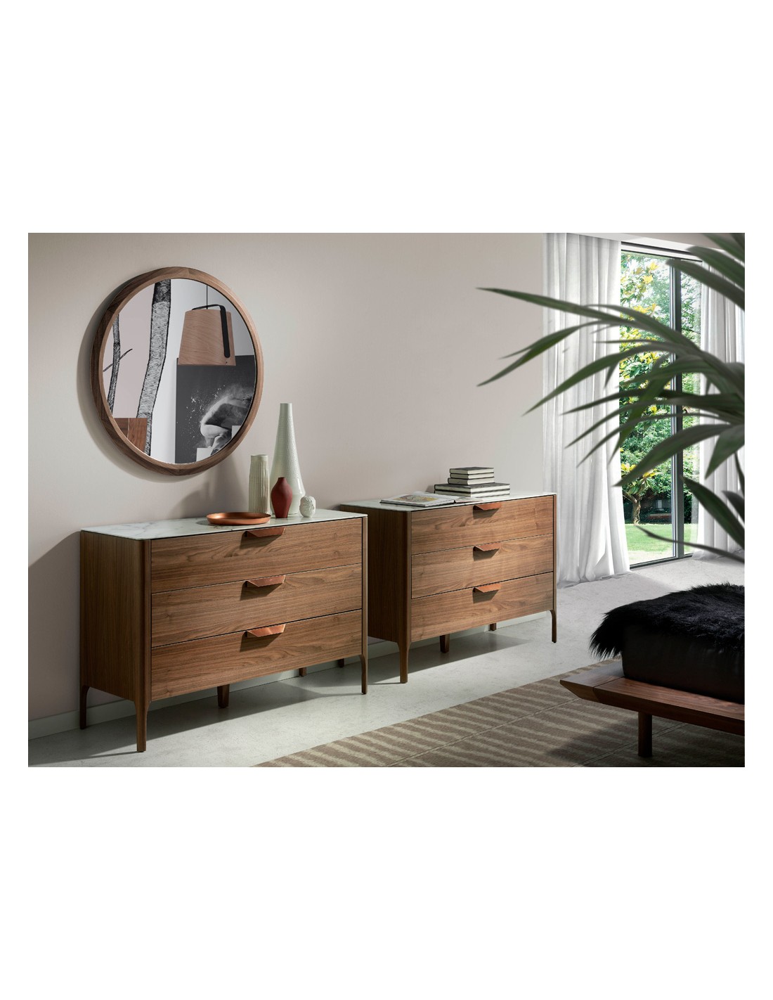 Cómoda nogal con tapa de cristal imitación mármol