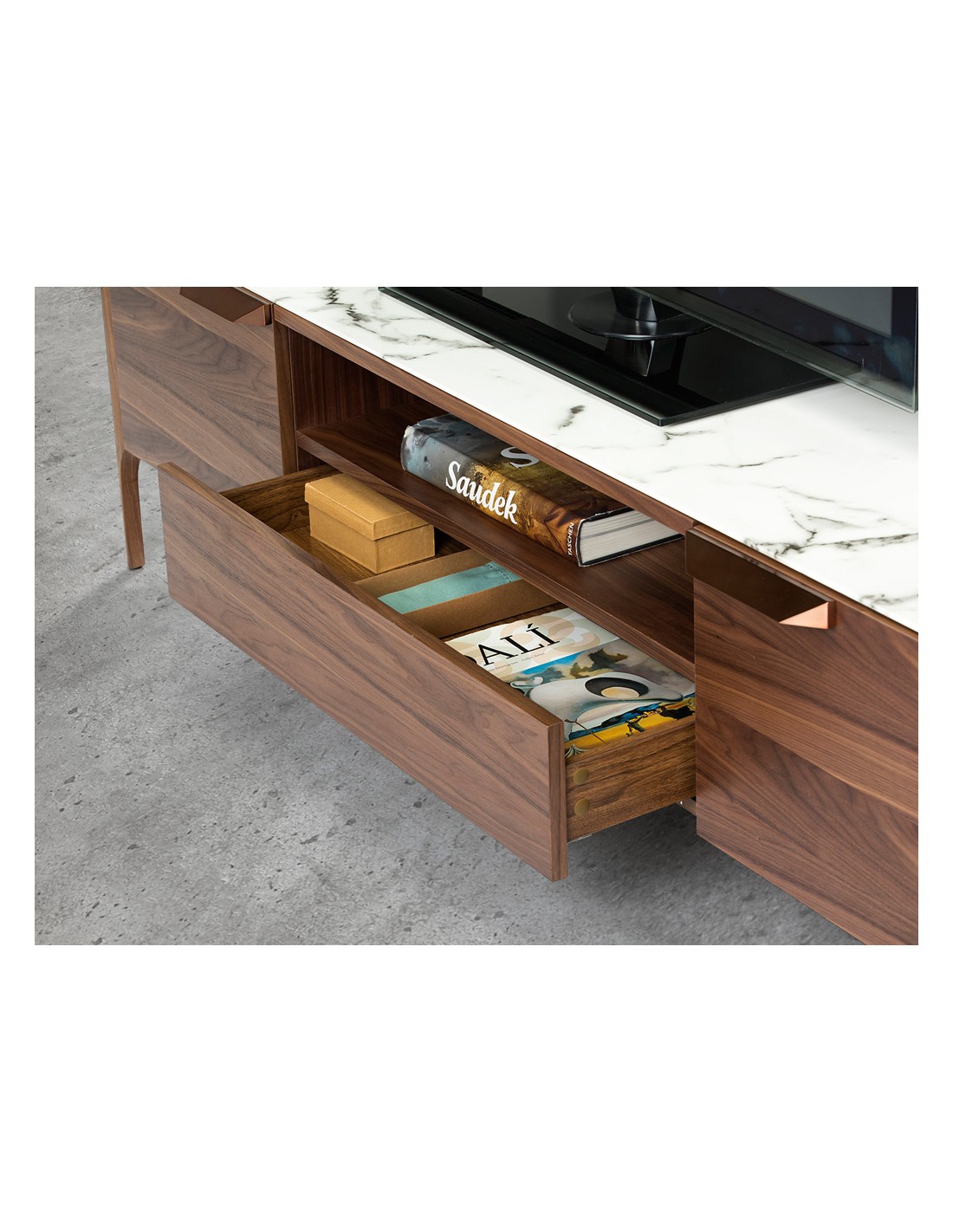 Mueble TV nogal con tapa de cristal imitación...