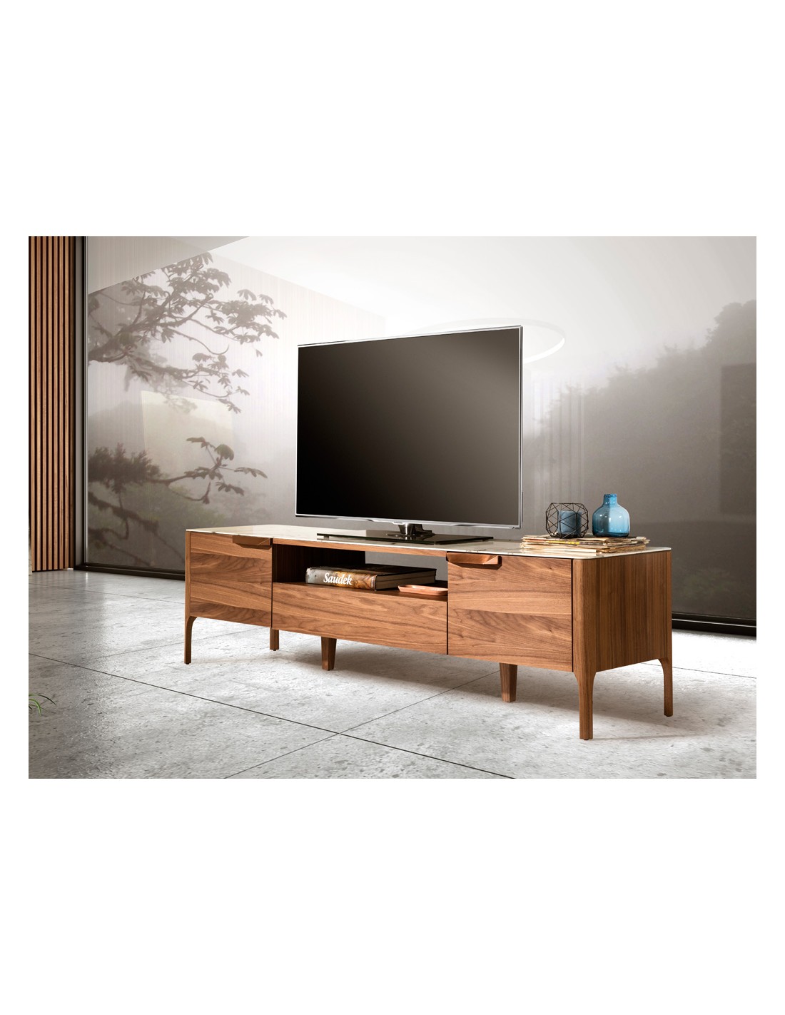 Mueble TV nogal con tapa de cristal imitación...