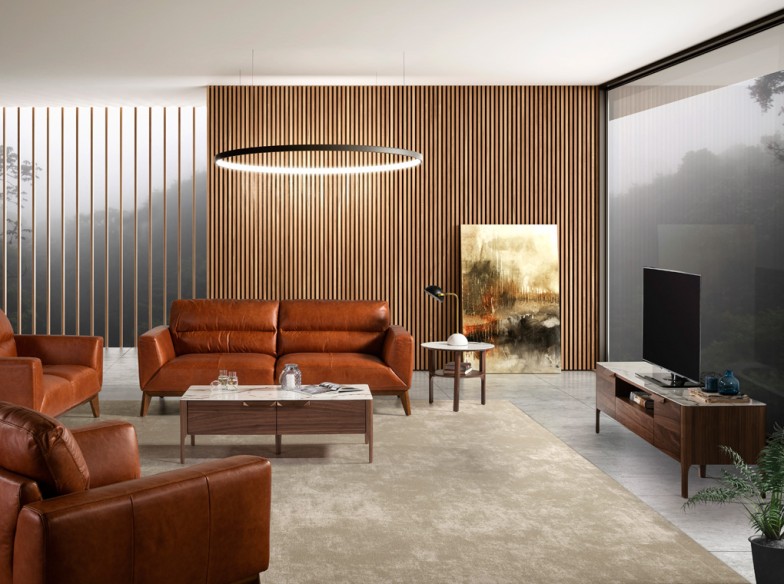 Mueble TV nogal con tapa de cristal imitación mármol