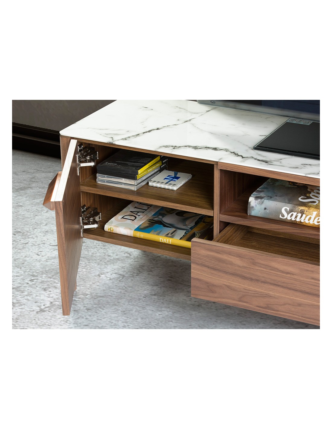 Mueble TV nogal con tapa de cristal imitación...