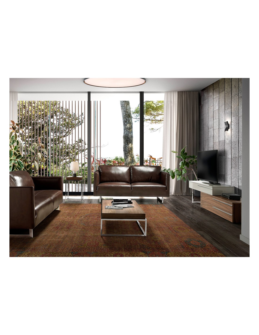 Mueble TV madera beige, nogal y acero cromado