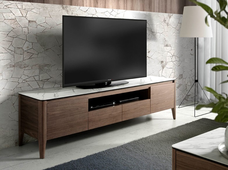 Mueble TV nogal con tapa de cristal imitación mármol