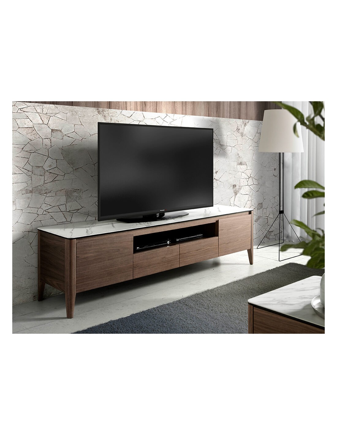 Mueble TV nogal con tapa de cristal imitación...