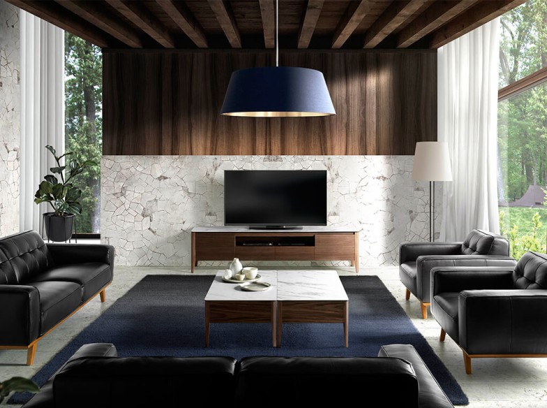 Mueble TV nogal con tapa de cristal imitación mármol