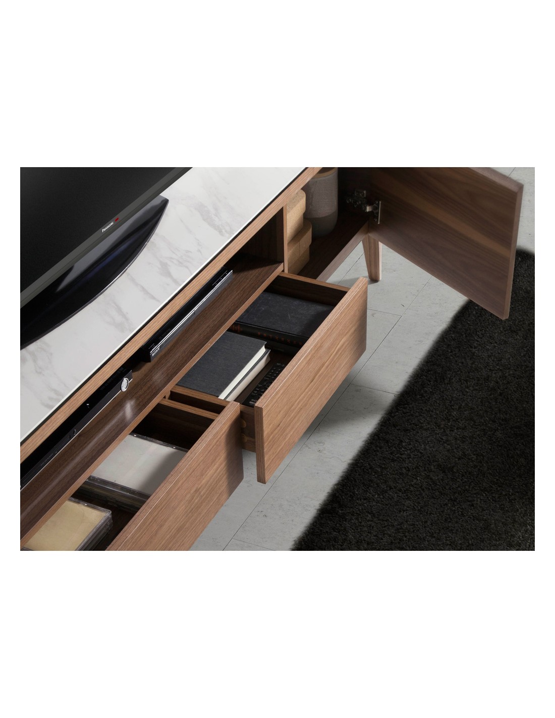 Mueble TV nogal con tapa de cristal imitación...