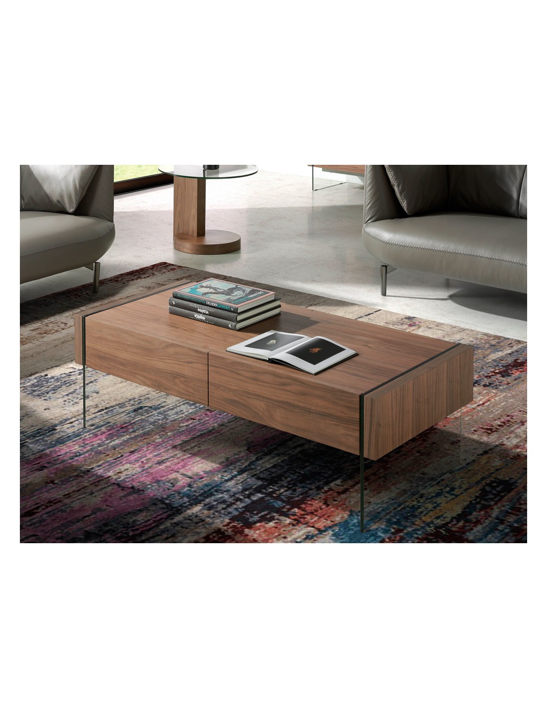 Mesa centro rectangular nogal y cristal templado