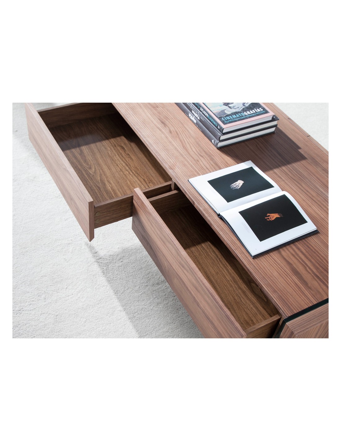 Mesa centro rectangular nogal y cristal templado