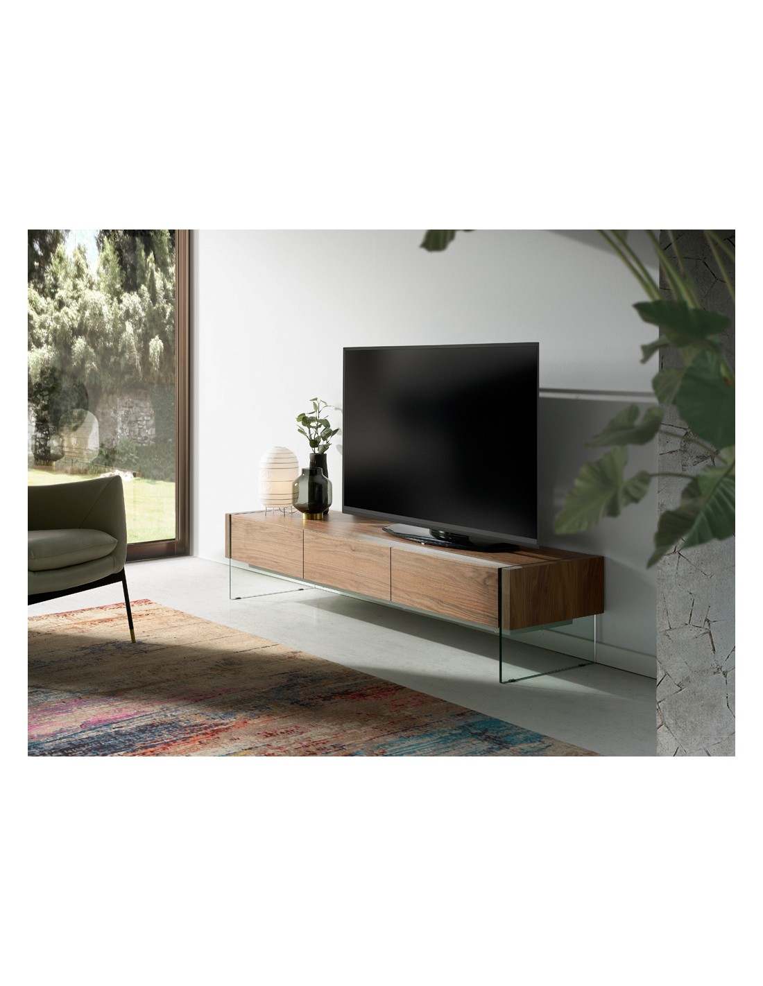 Mueble TV nogal y cristal templado