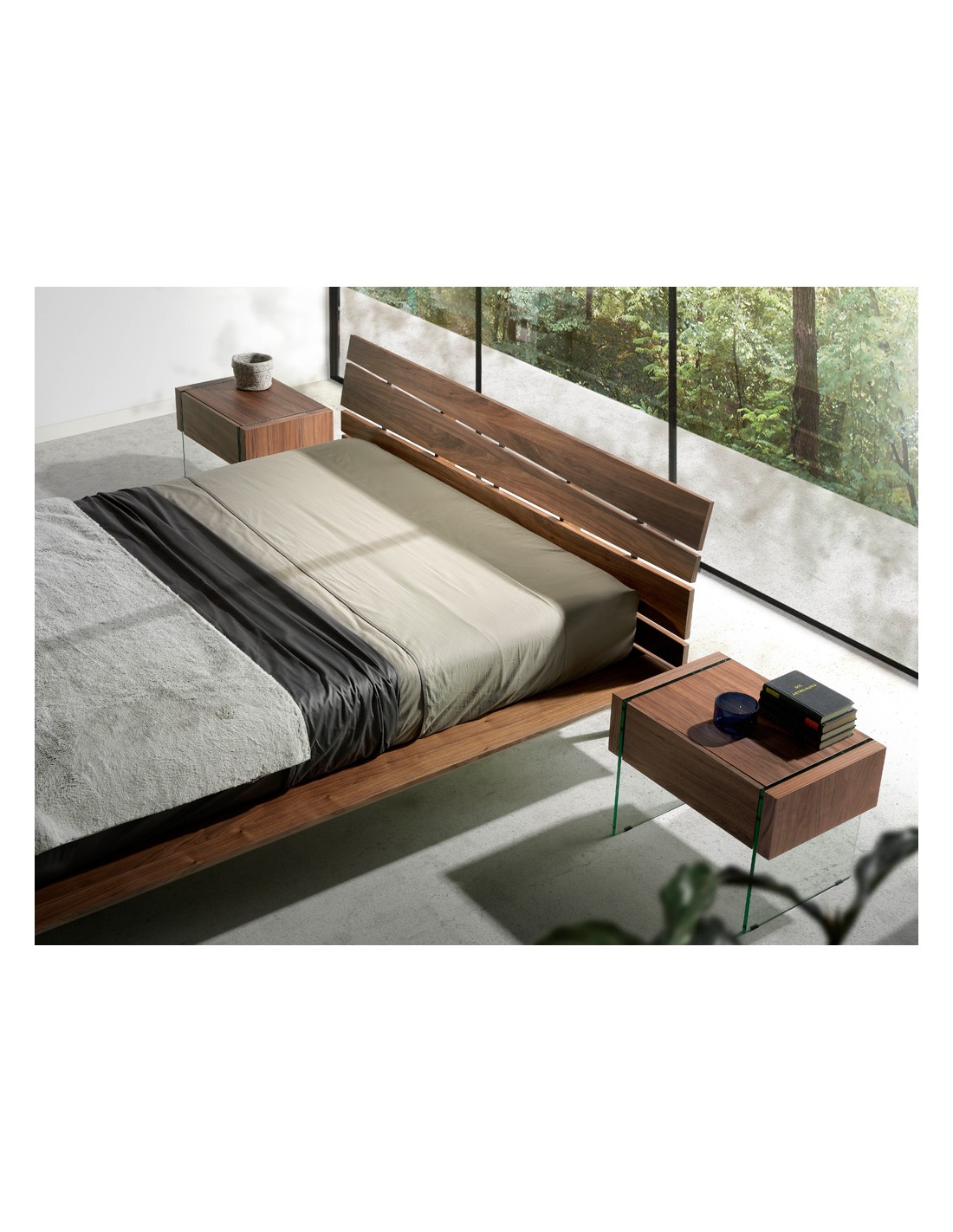 Mesita de noche nogal y cristal templado