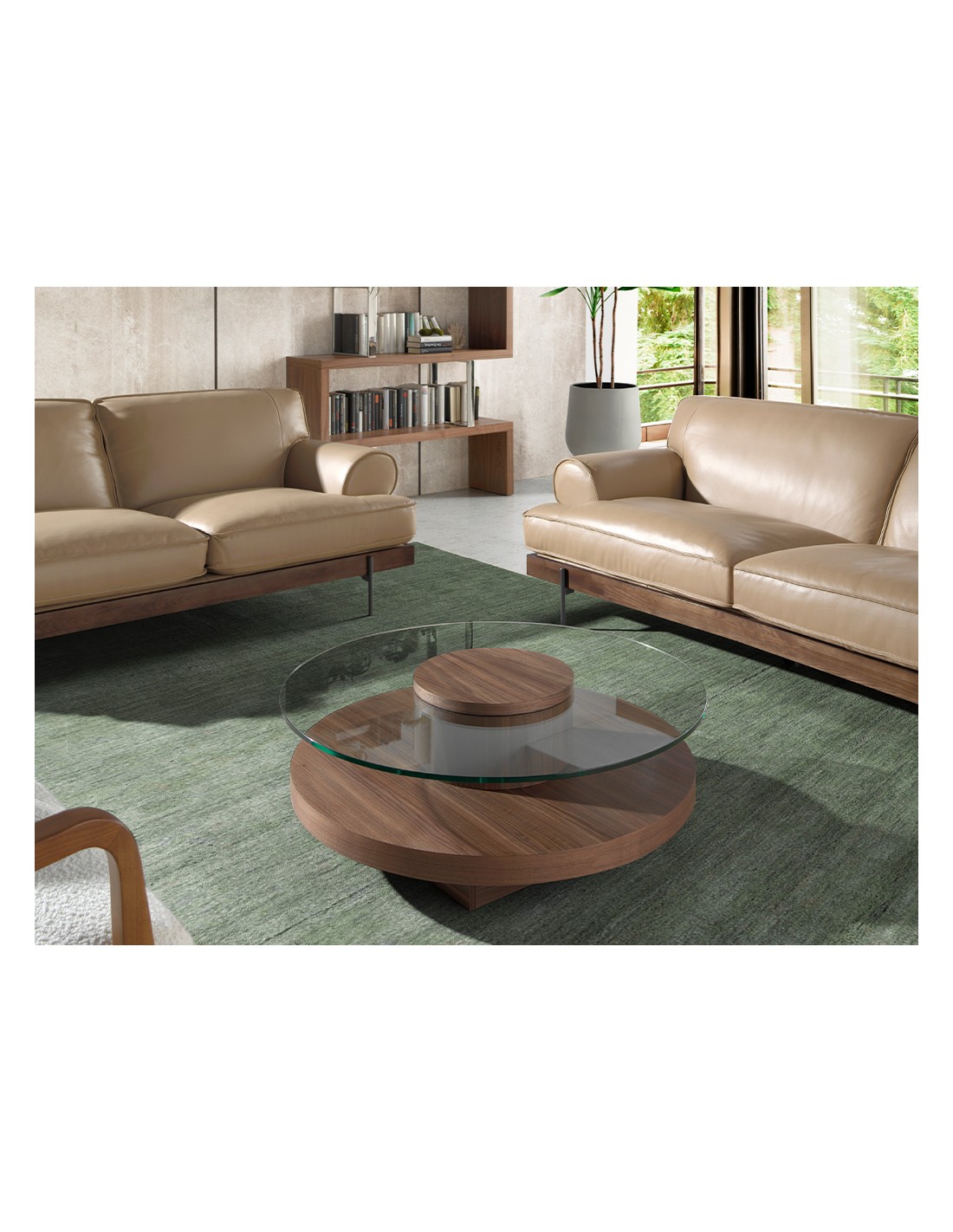 Mesa centro redonda cristal templado y nogal