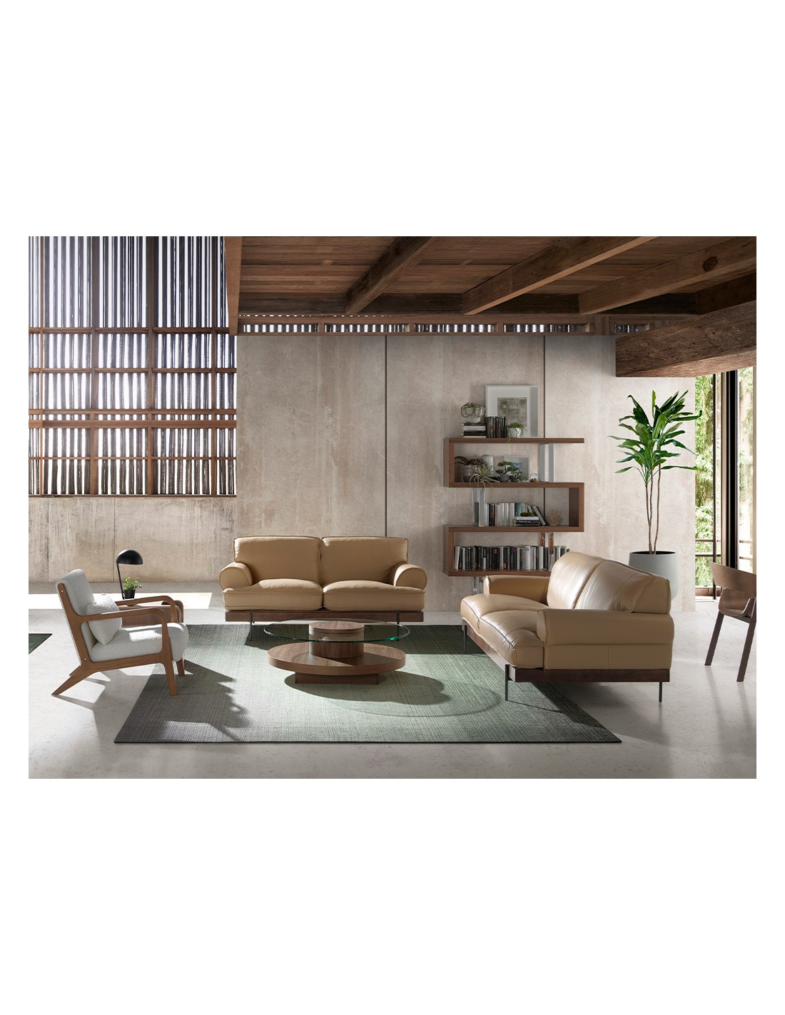 Mesa centro redonda cristal templado y nogal