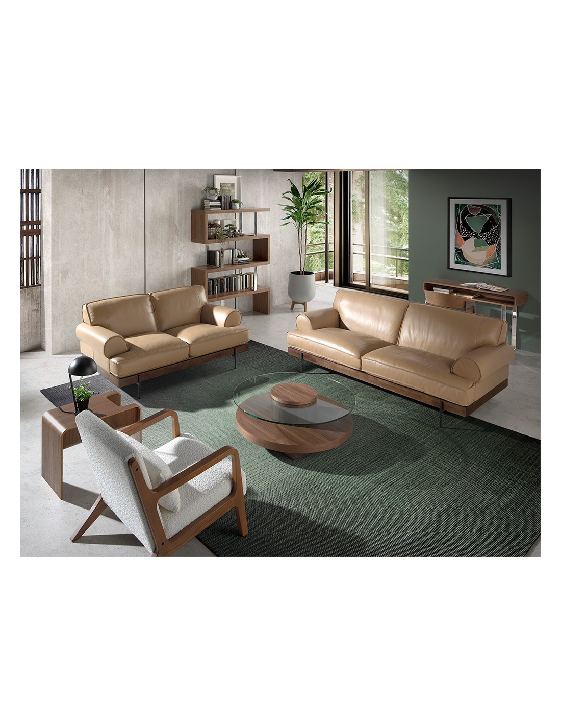 Mesa centro redonda cristal templado y nogal