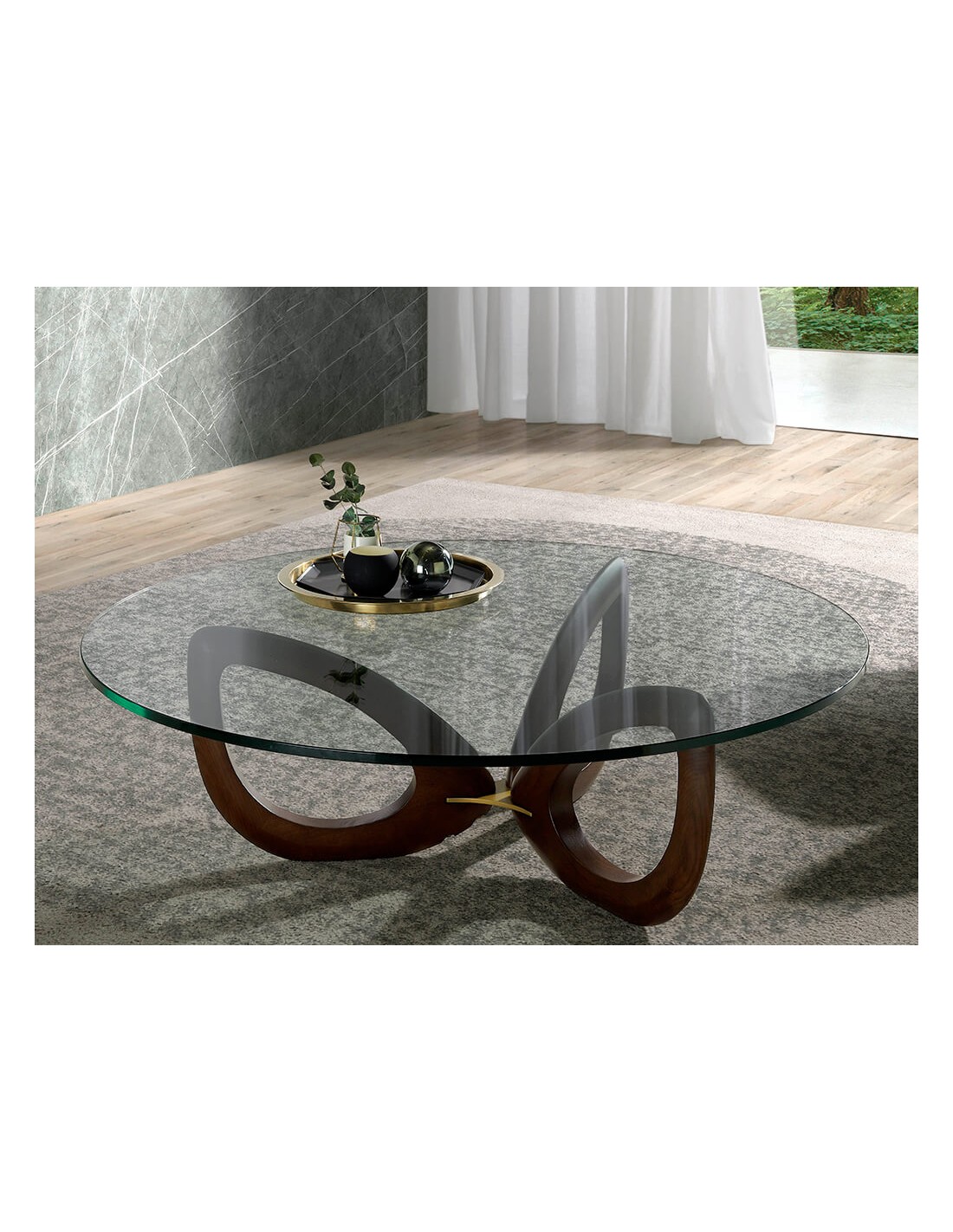 Mesa centro redonda cristal templado y nogal