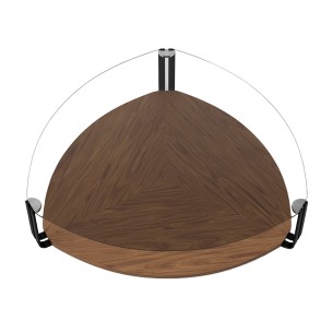 Mesa centro triangular cristal templado, acero negro y nogal 2