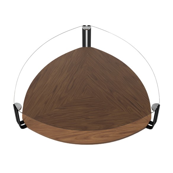 Mesa centro triangular cristal templado, acero negro y nogal