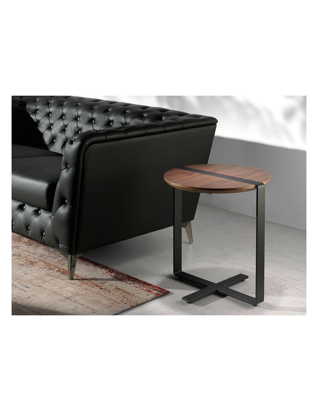 Mesa rincón redonda nogal y acero negro